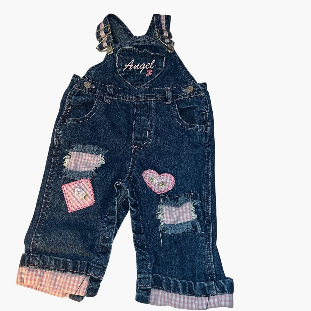 Angel Baby Girls Denim Overalls 3-6M Pink‎ Gingham Patchwork Embroidered Jeans
